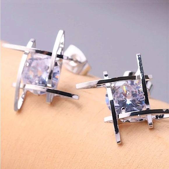 Caged Diamond Silver Zircon 3D Stud Earrings - Picture 2 of 3